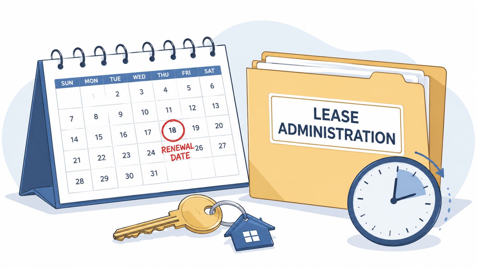 A calendar showing a lease renewal date, a folder labeled lease administration, a key, and a clock.