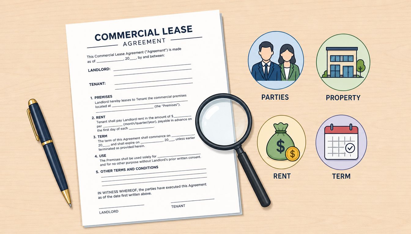 A commercial lease agreement document on a wooden desk with a magnifying glass and icons.