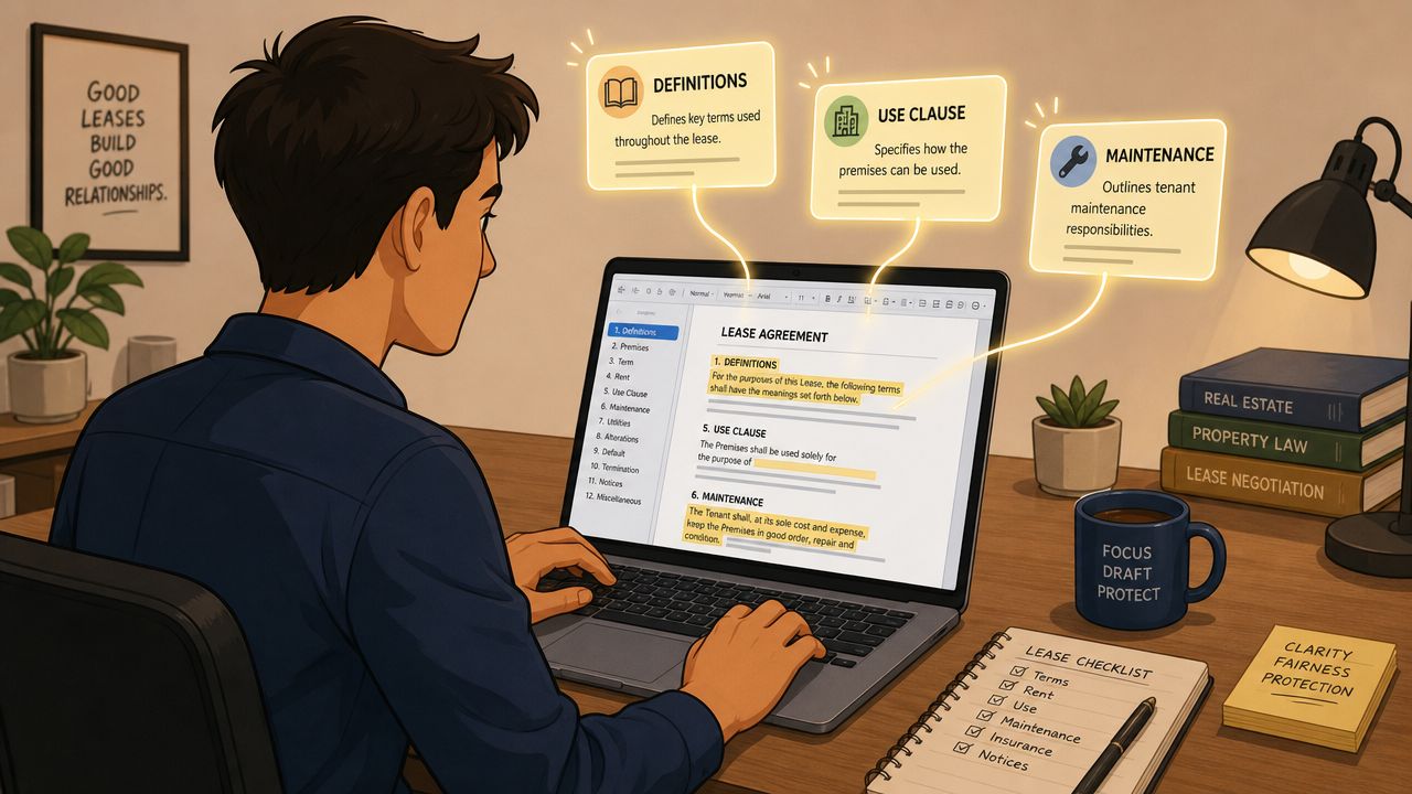 A person reviewing a commercial lease agreement on a laptop with highlighted key clauses and a checklist.