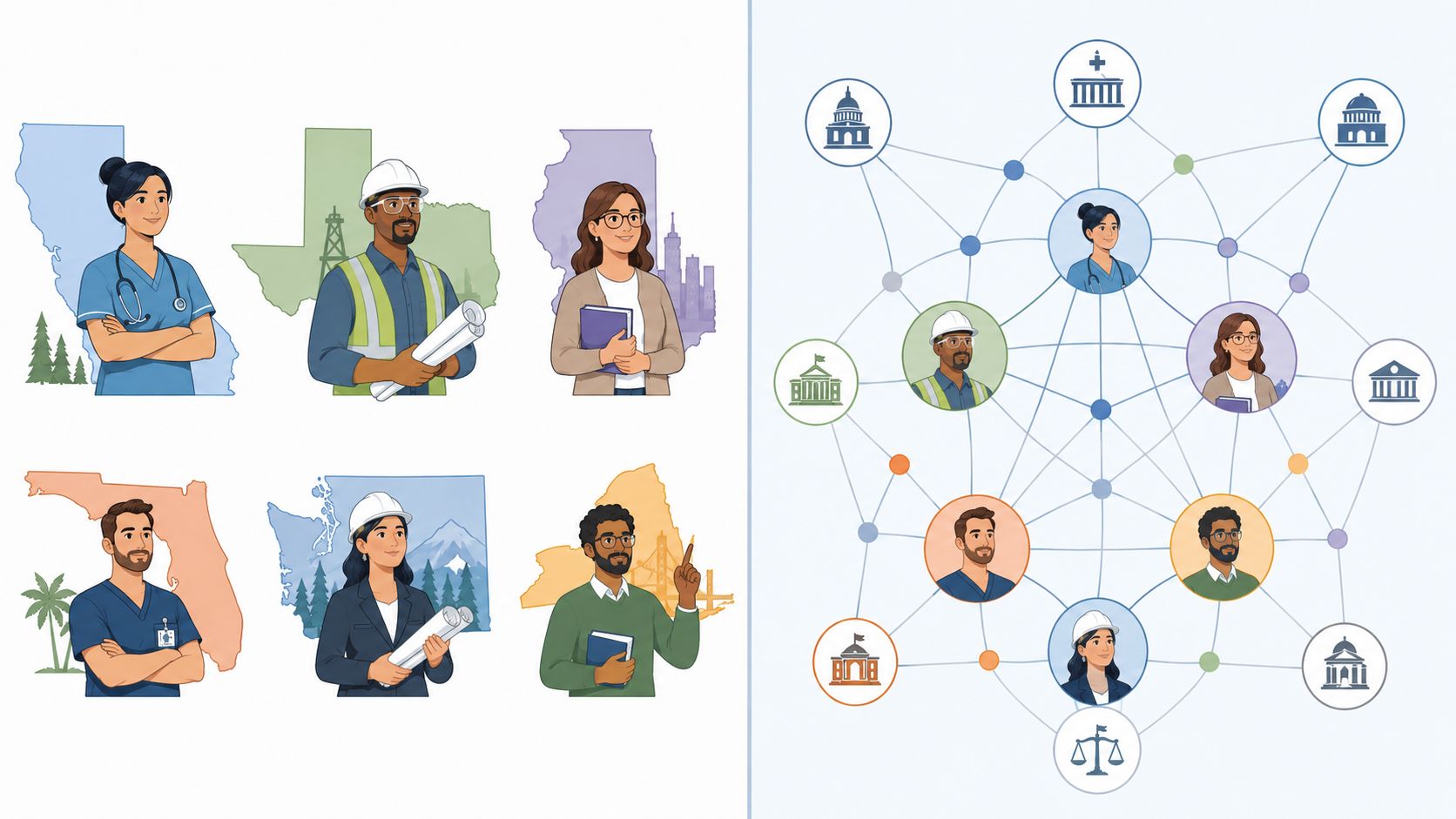 A professional infographic showing diverse individuals representing various occupations paired with state maps and a network chart.