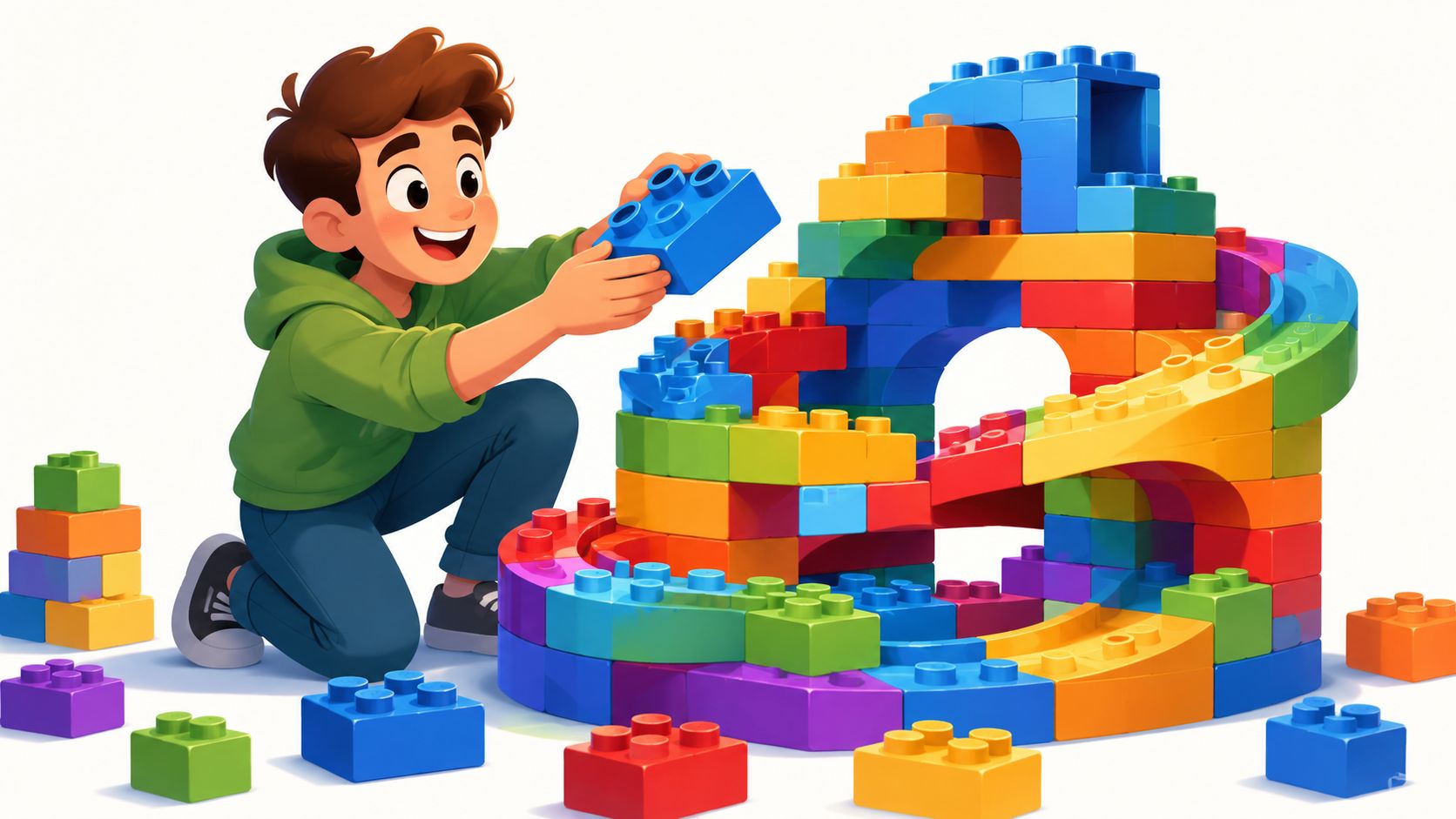A young boy smiling while building a colorful structure with large plastic interlocking toy building blocks.
