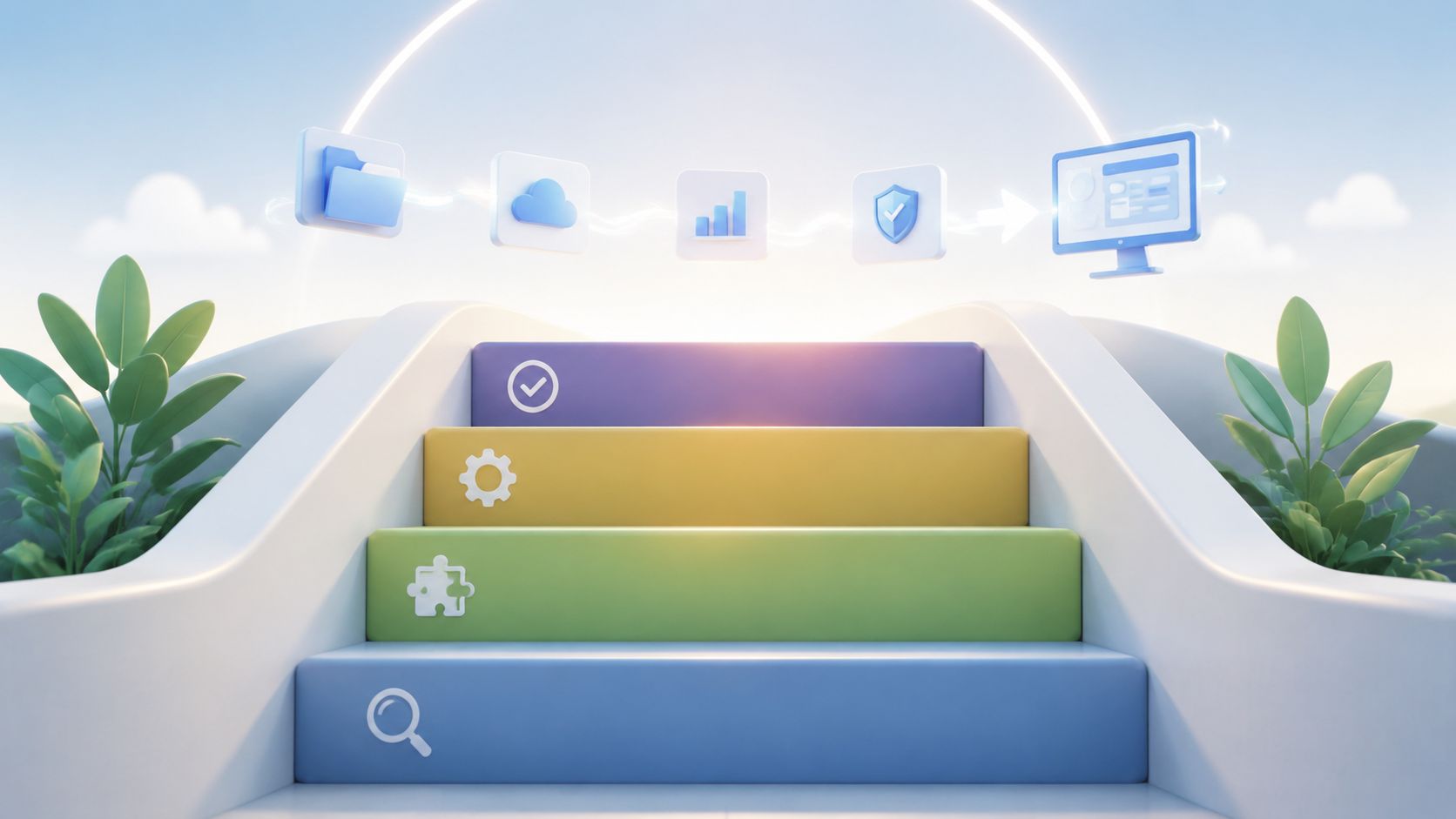 A 3D staircase with colored steps leading toward digital icons representing workflow automation and data processing.