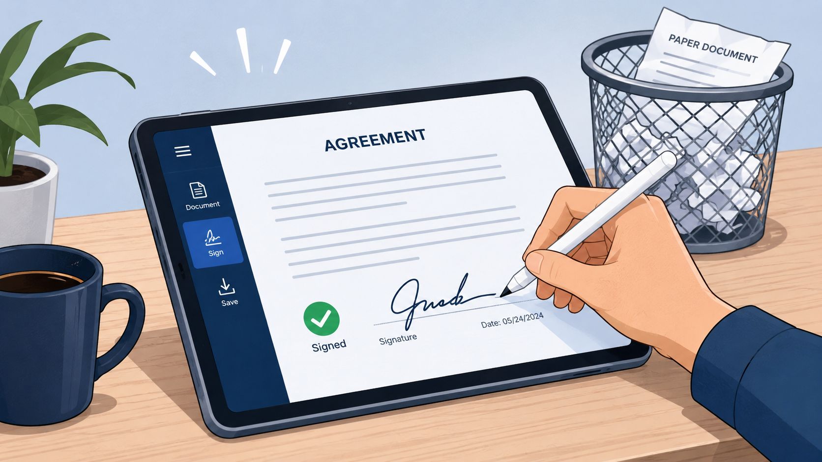 A digital tablet screen showing an electronic signature being signed on a legal agreement document.