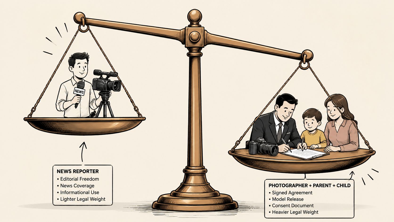A scale illustration contrasting legal requirements between news reporting and professional photography with model release forms.