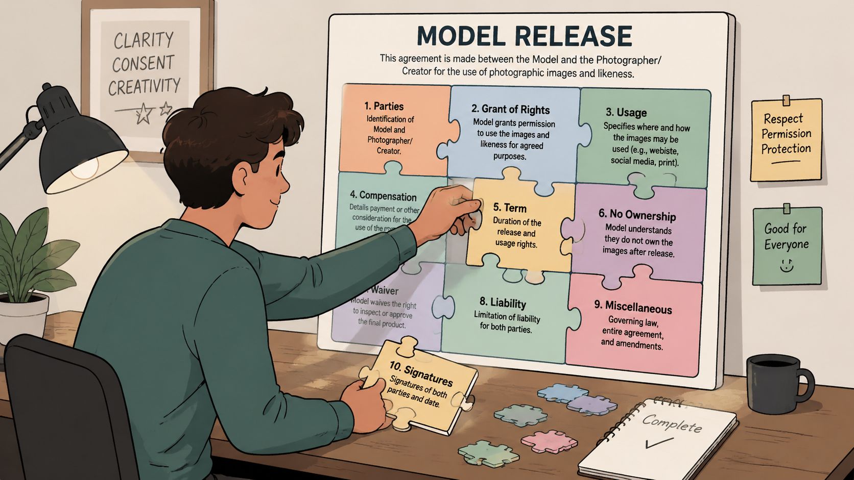 A person assembling puzzle pieces labeled with steps to complete a legal model release agreement form.