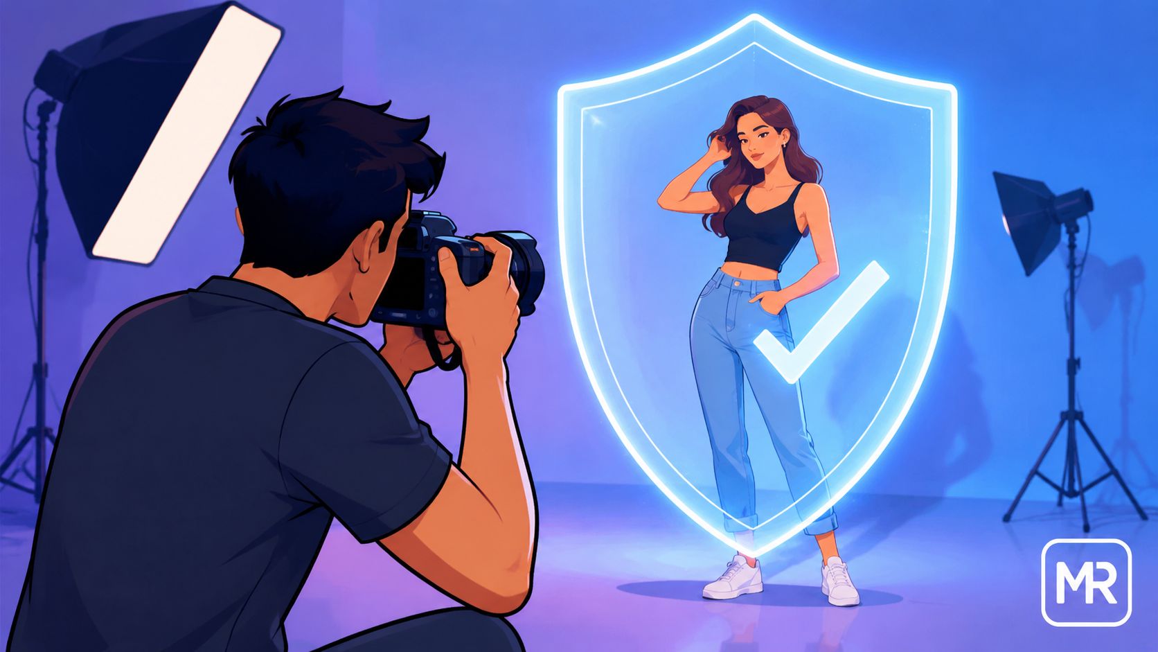 A professional photographer taking a portrait of a model framed by a glowing neon security shield icon.