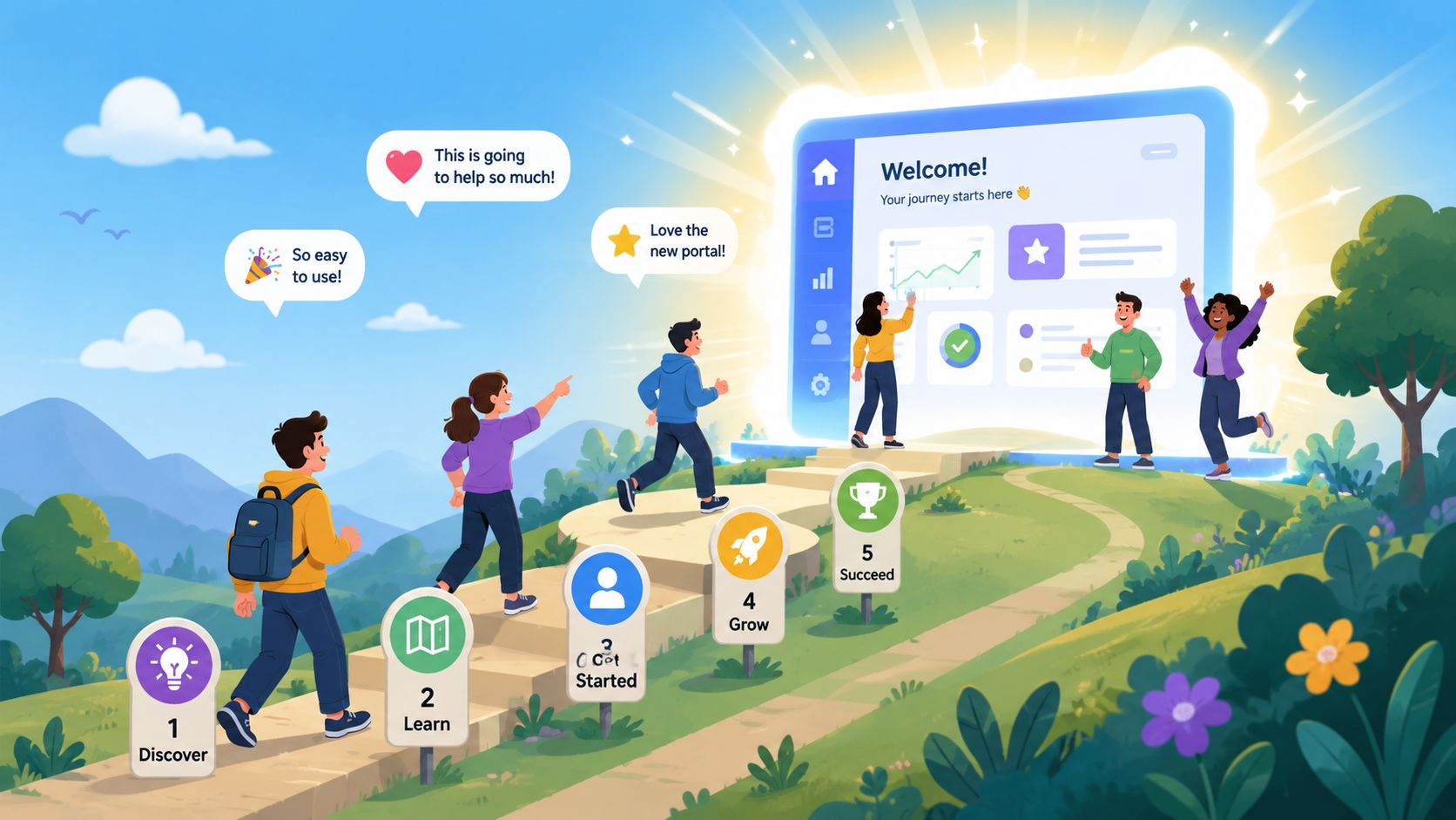 A group of young people walking up steps towards a glowing digital portal to represent learning and growth.