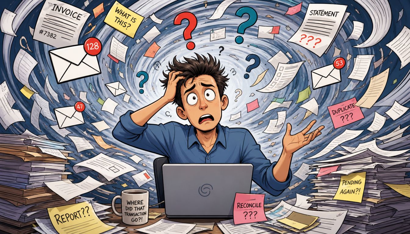 An overwhelmed man sitting at a desk surrounded by a chaotic whirlwind of paperwork and digital notifications.