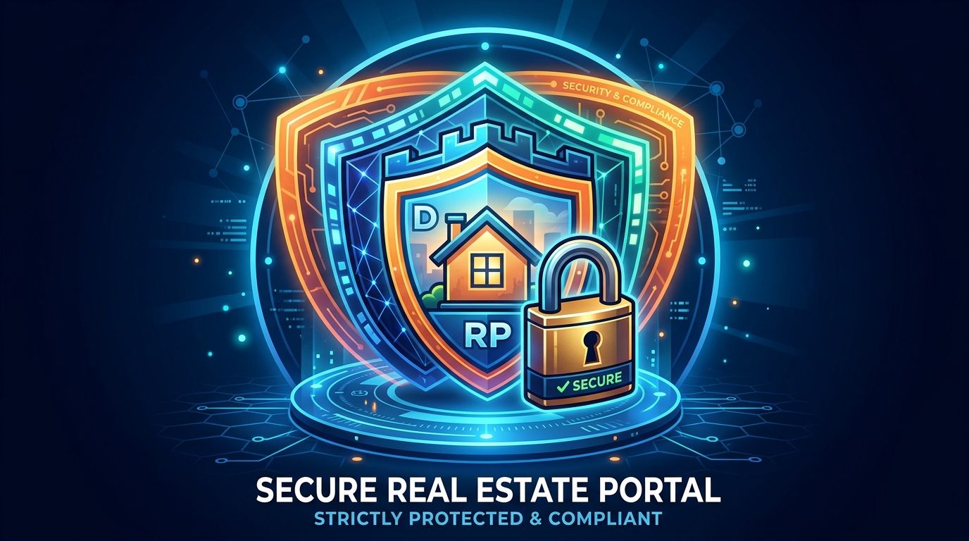 A digital emblem featuring a house, a padlock, and a shield representing a secure real estate portal.