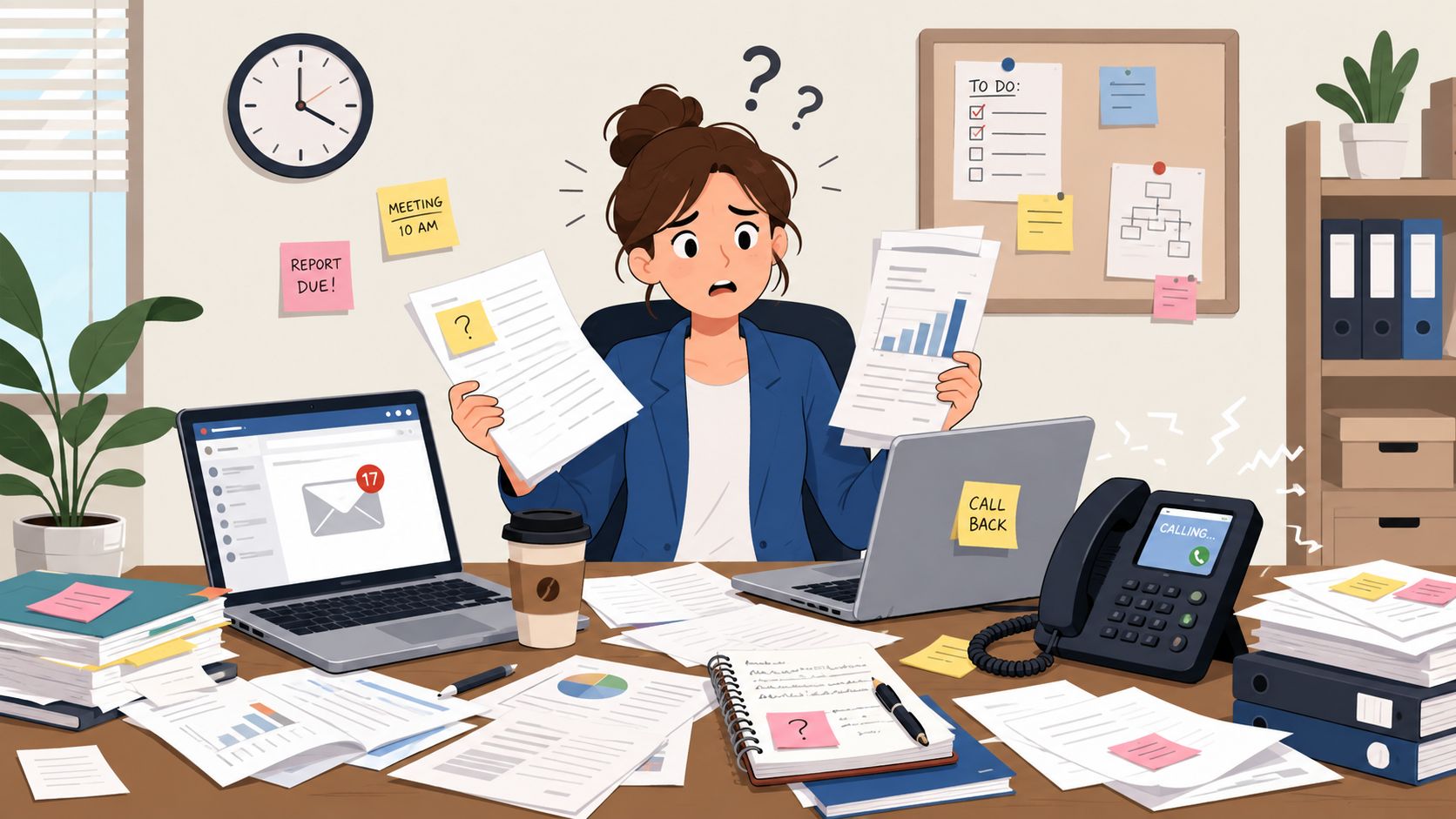 An overwhelmed office worker feeling stressed while juggling multiple tasks and paperwork at a cluttered desk.