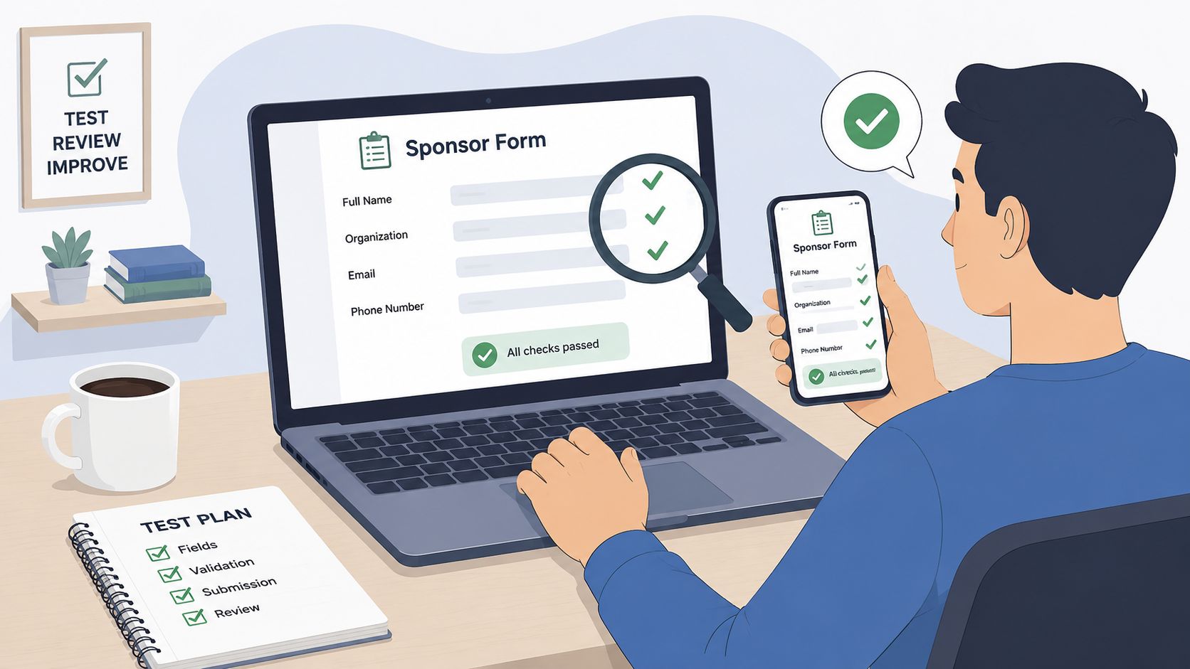 A person checking a sponsor form on both a laptop and a smartphone during software testing.