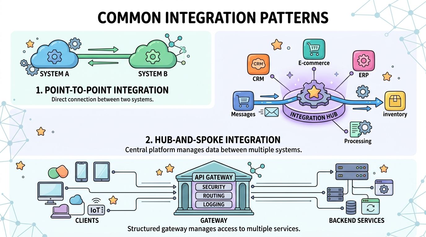A diagram illustrating three common software integration patterns: point-to-point, hub-and-spoke, and API gateway systems.