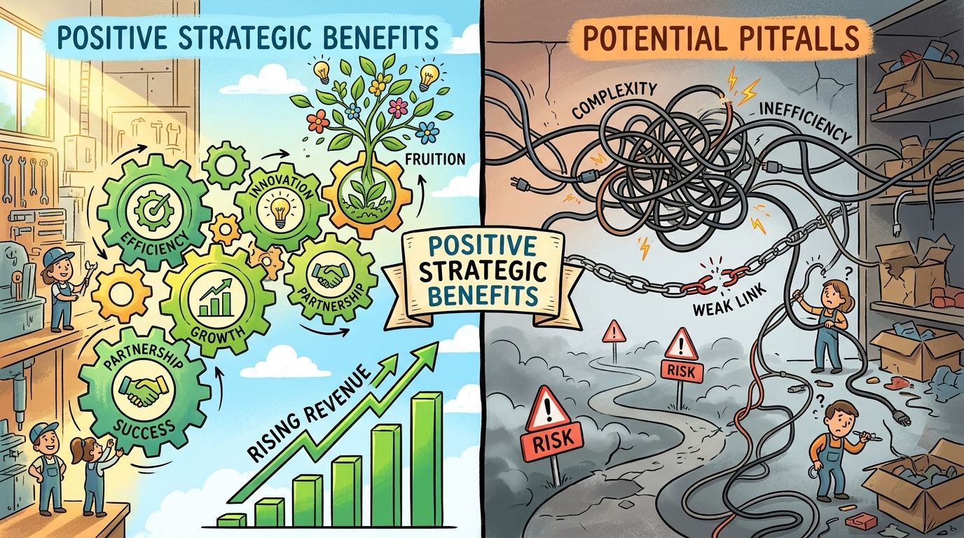A split illustration comparing the positive strategic benefits versus the potential pitfalls of business integrations.