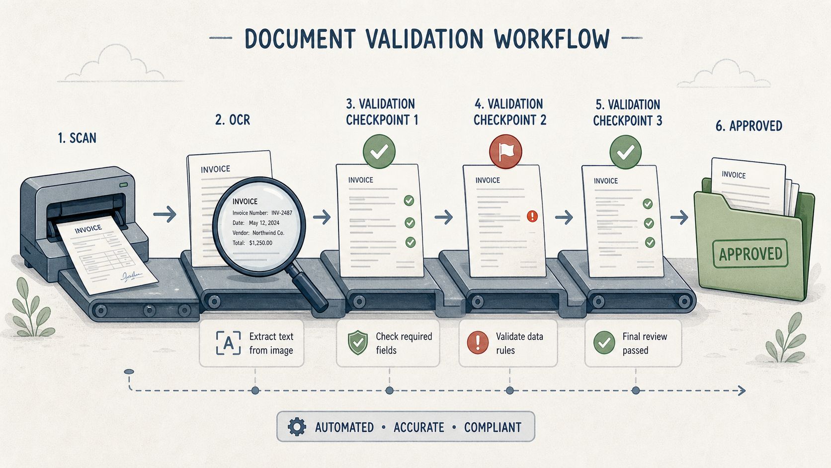 An illustration showing a six-step automated document validation workflow for processing invoices with data extraction and verification.