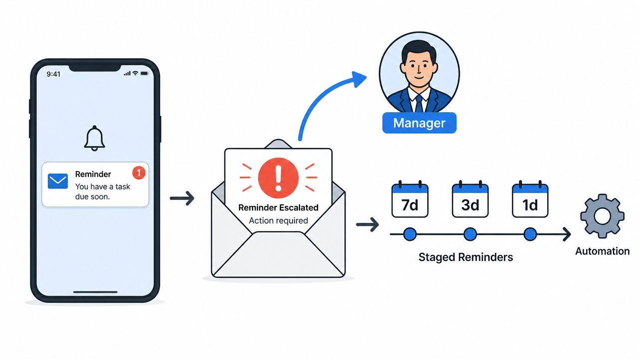 A diagram illustrating an automated task escalation workflow with notifications, manager escalation, and staged reminders.