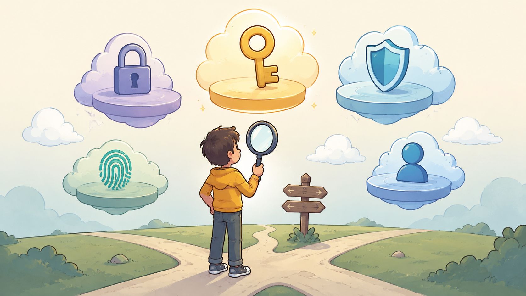 A young boy looking through a magnifying glass at floating icons representing digital security and identification.